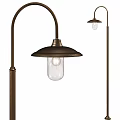 Vintage Bronze Floor Lamp With Arched Metal Pole Wide Brim Shade And Clear Glass Bulb