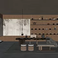 Traditional Teahouse Interior Design With Wooden Shelves Tea Sets And Murals