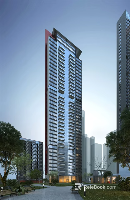 Modern High Rise Residential Building Exterior With Glass Facade Balconies And Urban Surroundings 3d model 