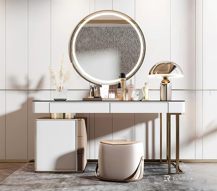 Modern Minimalist White Dressing Table With Round Mirror Gold Lamp And Cosmetics Stool 3d model 