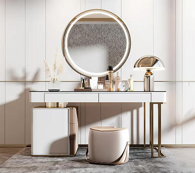 Modern Minimalist White Dressing Table With Round Mirror Gold Lamp And Cosmetics Stool 3d model