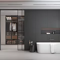 Sleek Modern Bathroom With Black Walls White Bathtub Window Blinds White Vanity And Large Mirror