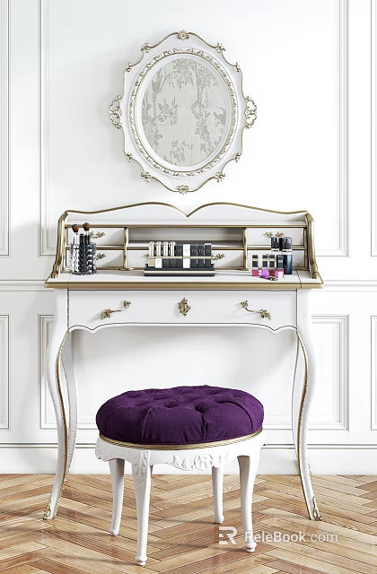 White Vanity Table With Gold Accents Round Mirror Cosmetics Purple Stool On White Wall 3d model 