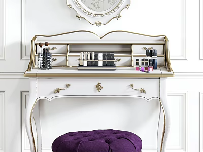 White Vanity Table With Gold Accents Round Mirror Cosmetics Purple Stool On White Wall 3d model