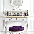 White Vanity Table With Gold Accents Round Mirror Cosmetics Purple Stool On White Wall