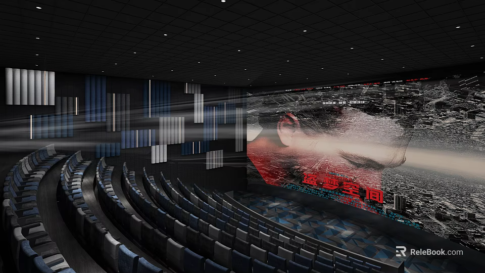 Modern Cinema Interior With Curved Comfortable Seats Large Projection Screen And Decorative Walls 3d model 
