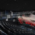 Modern Cinema Interior With Curved Comfortable Seats Large Projection Screen And Decorative Walls