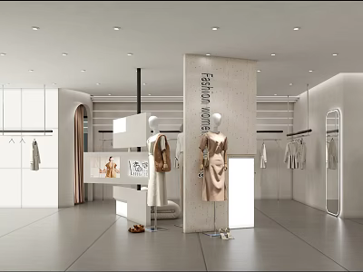 Modern Clothing Store Interior With Mannequins Wearing Dresses And Hanging Clothes Racks 3d model