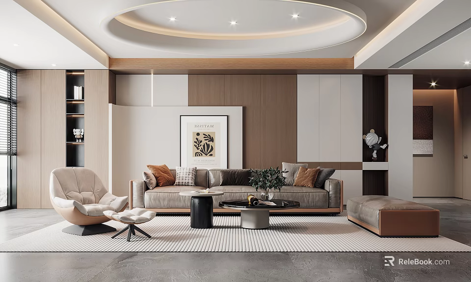 Modern Living Room Interior Design With Sofa Armchair Coffee Table Artwork And Wooden Walls 3d model 