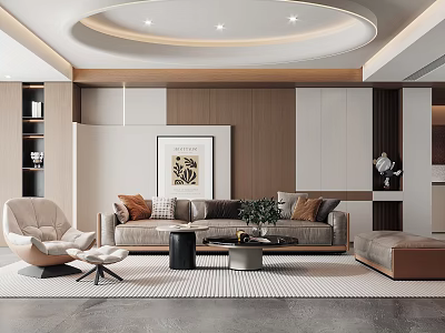 Modern Living Room Interior Design With Sofa Armchair Coffee Table Artwork And Wooden Walls 3d model