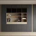 Modern Sideboard Design With Dark Light Tones Cabinet Doors Open Shelves and Kitchen Items