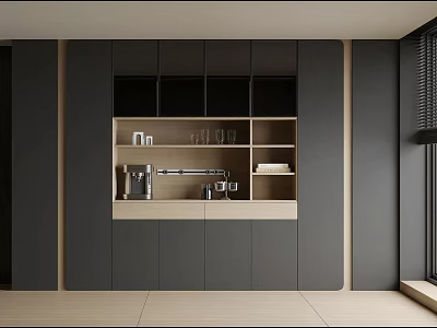 Modern Sideboard Design With Dark Light Tones Cabinet Doors Open Shelves and Kitchen Items 3d model
