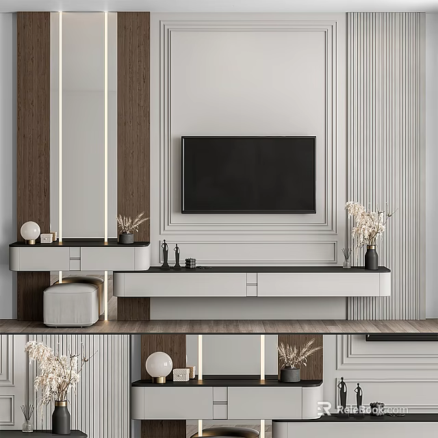 Modern TV Wall Design with White Panel Wooden Accents TV Stand and Decorative Dried Flowers 3d model 