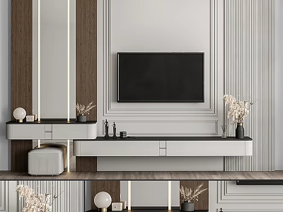 Modern TV Wall Design with White Panel Wooden Accents TV Stand and Decorative Dried Flowers 3d model