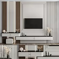 Modern TV Wall Design with White Panel Wooden Accents TV Stand and Decorative Dried Flowers