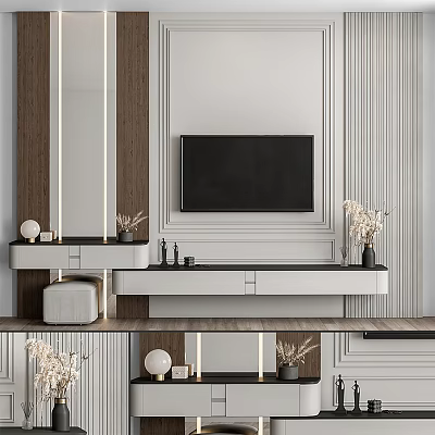 Modern TV Wall Design with White Panel Wooden Accents TV Stand and Decorative Dried Flowers 3d model