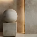 Textured Background Wall In Gray Brown Hues With Circular Decorations Sphere On Cube Pedestal