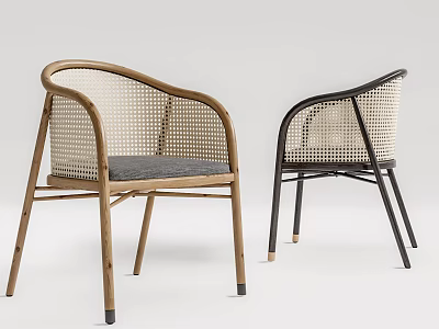 Stylish Modern Leisure Chairs With Rattan Backrest Gray Cushion And Wood Black Frames 3d model
