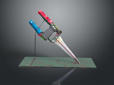 Colorful Metal Weapon With Red Blue Components Sharp Blade On Green Rusty Stand 3d model