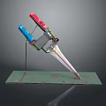 Colorful Metal Weapon With Red Blue Components Sharp Blade On Green Rusty Stand