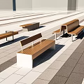 Modern Minimalist Landscape Benches With Wooden Slat Top And Metal Frame On Paved Plaza
