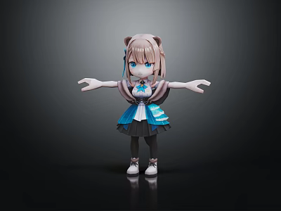 3D Cartoon Girl Character With Brown Hair Blue Eyes Blue White Dress Standing Arms Outstretched 3d model