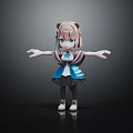 3D Cartoon Girl Character With Brown Hair Blue Eyes Blue White Dress Standing Arms Outstretched 3d model