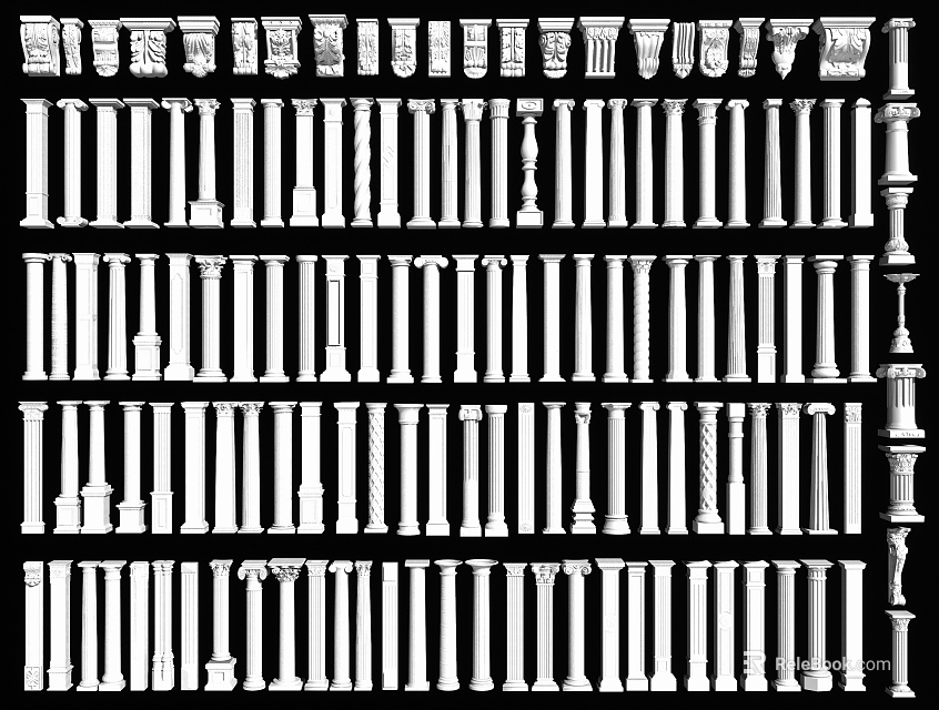 Various Decorative Columns With Different Architectural Styles And Design Illustrations 3d model 