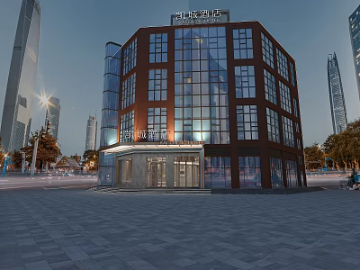 Modern Hotel Building With Glass Facade Illuminated In Urban Square 3d model