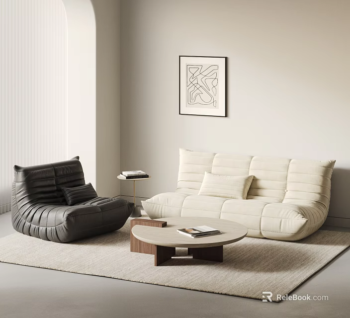 Modern Beige Sofa and Wooden Coffee Table Set with Black Armchair Decorative Painting and Rug 3d model 