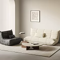 Modern Beige Sofa and Wooden Coffee Table Set with Black Armchair Decorative Painting and Rug