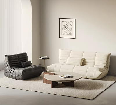 Modern Beige Sofa and Wooden Coffee Table Set with Black Armchair Decorative Painting and Rug 3d model