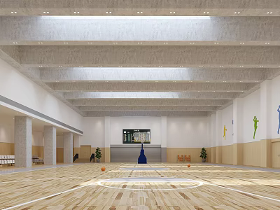 Basketball Gymnasium Interior With Wooden Floor Ceiling Lights And Wall Decorations 3d model