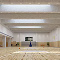 Basketball Gymnasium Interior With Wooden Floor Ceiling Lights And Wall Decorations