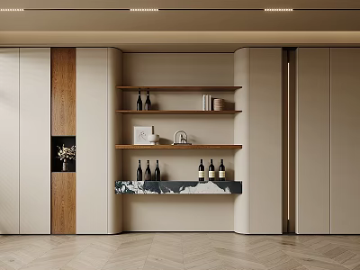 Elegant Modern Wine Cabinet Design With Wooden Shelves Marble Countertop And Wine Bottles 3d model