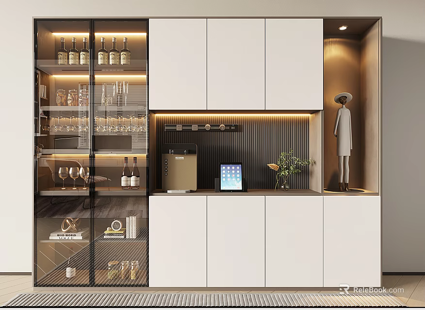 Modern White Wine Cabinet with Glass Doors Wine Bottles Glasses and Lighting 3d model 