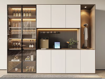 Modern White Wine Cabinet with Glass Doors Wine Bottles Glasses and Lighting 3d model