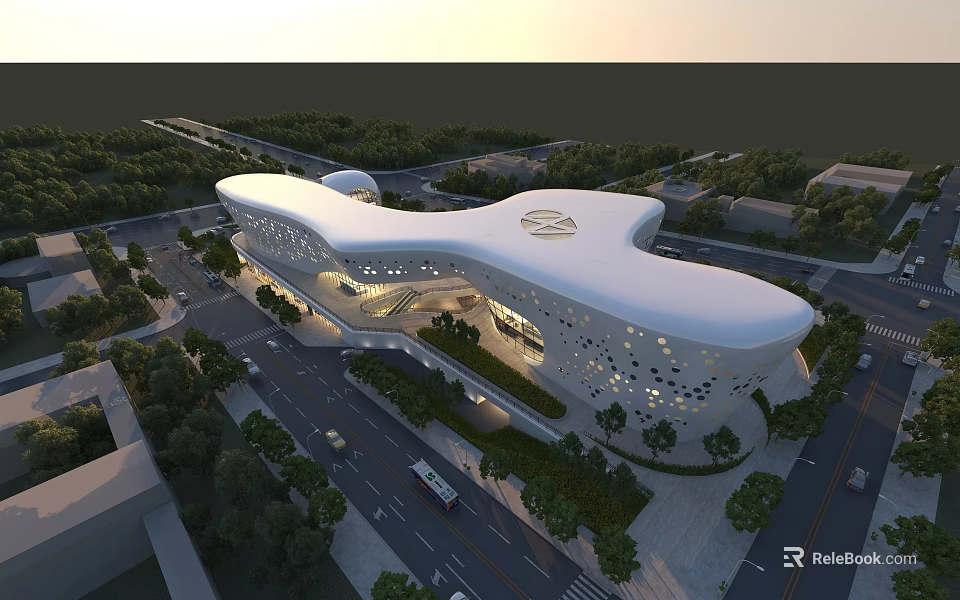 Modern Museum Building With Curved Roof Glass Facade And Urban Landscape 3d model 