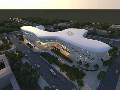 Modern Museum Building With Curved Roof Glass Facade And Urban Landscape 3d model