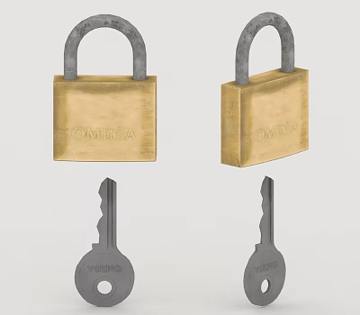 Omega Brass Padlocks and Matching Keys Set for Security Applications 3d model