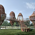 Wooden Houses Egg Shaped Design Connected By Stairs And Platforms Surrounded By Grass And Trees