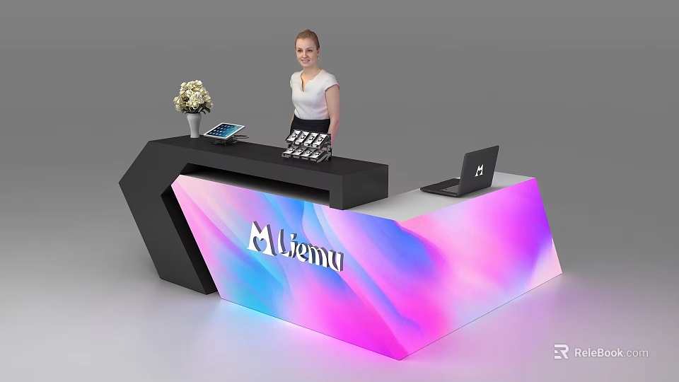 Modern Reception Desk With Gradient Color Panel Lixun Logo Tablet And Laptop 3d model
