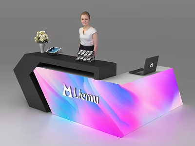 Modern Reception Desk With Gradient Color Panel Lixun Logo Tablet And Laptop 3d model