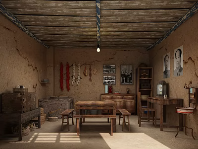 Traditional Rural Interior With Wooden Tables Hanging Chili And Vintage Decorations 3d model