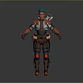 3D Rendered Game and Movie Character with Teal Hair Red Black Armor and Gear