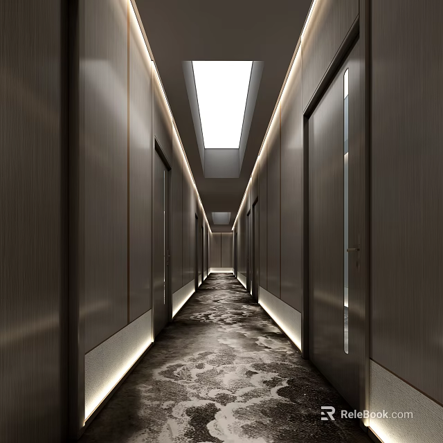 Hotel Corridor With Dark Wood Panel Walls Side Doors Patterned Carpet And Ceiling Strip Lights 3d model 