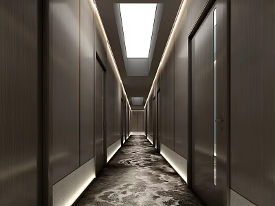 Hotel Corridor With Dark Wood Panel Walls Side Doors Patterned Carpet And Ceiling Strip Lights 3d model
