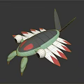 Fictional Creature With Gray Body Green Head Red White Fins Large Eyes Scorpion Tail Claws