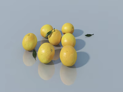 Fresh Ripe Oranges With Green Leaves On Light Reflective Surface 3d model