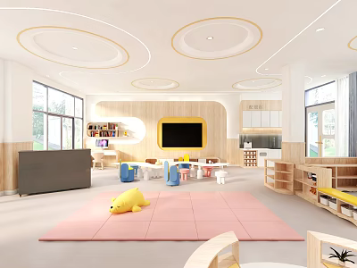 Bright Kindergarten Interior With Pink Mat And Playful Decorations 3d model